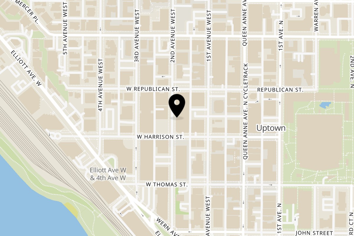 Map showing the location of Far Eats Cafe on 400 2nd Ave W in Seattle